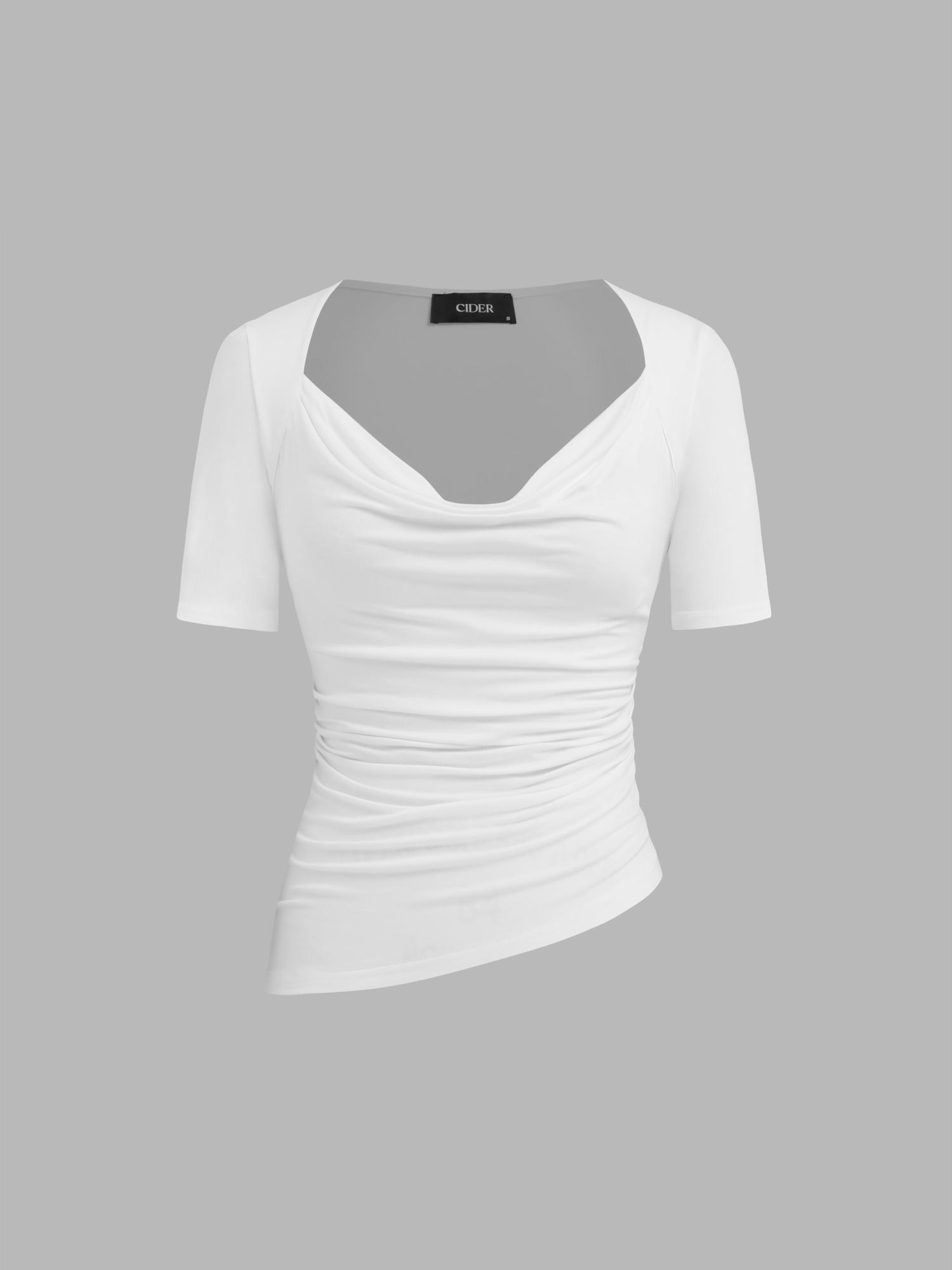 white cowl neck ruched asymmetrical hem short sleeve top