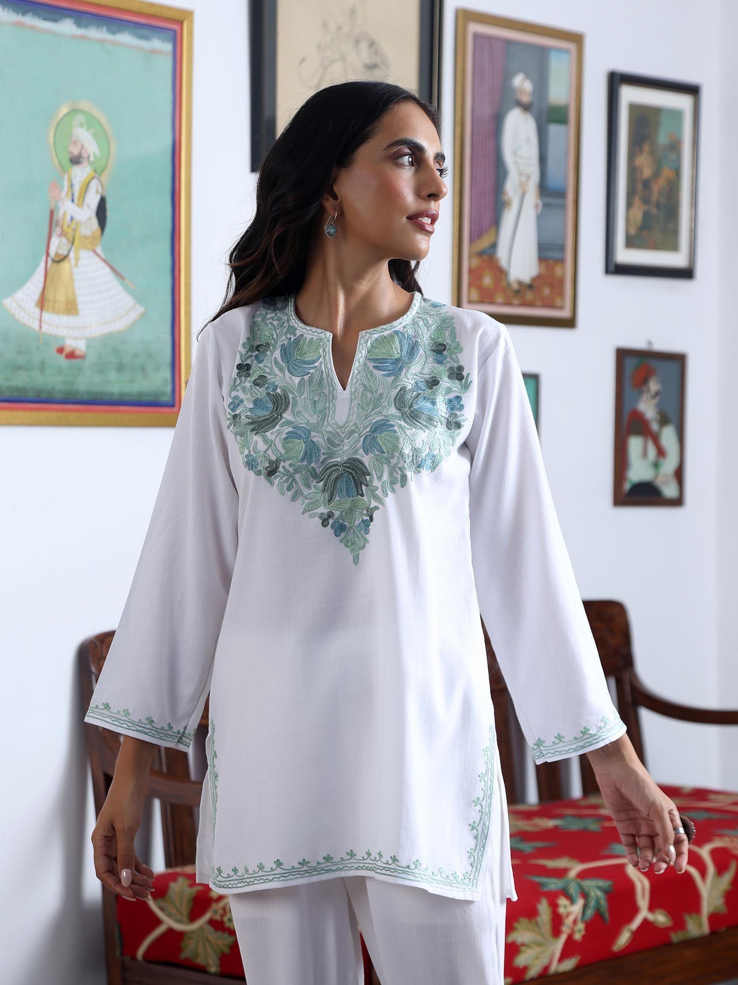 white crafts aari embroidered kurti