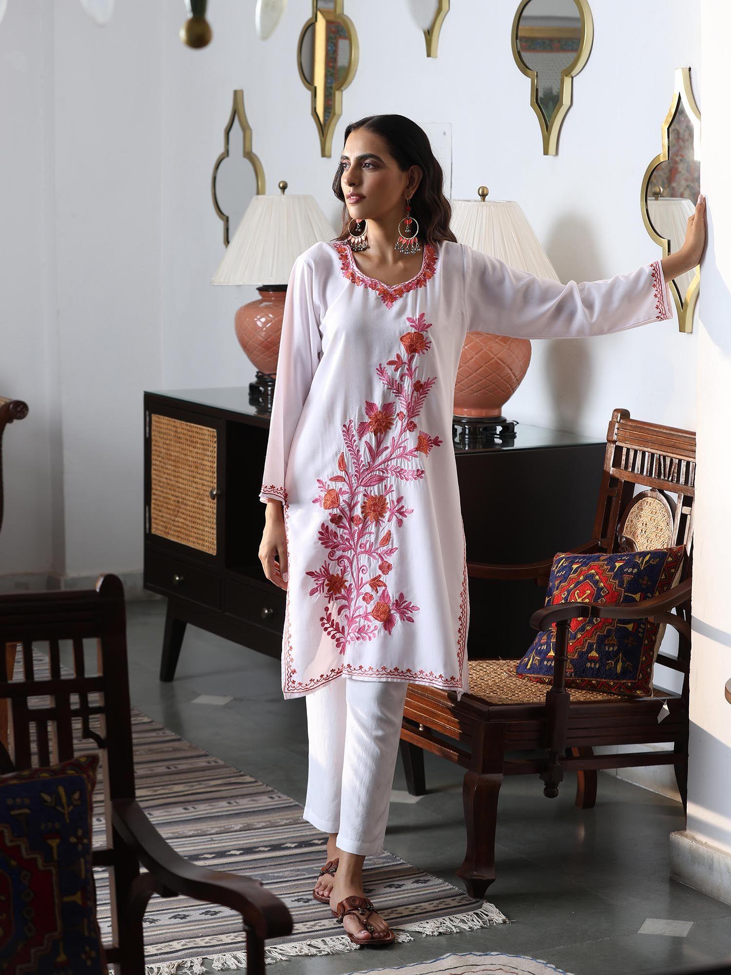 white crafts aari embroidered long kurta