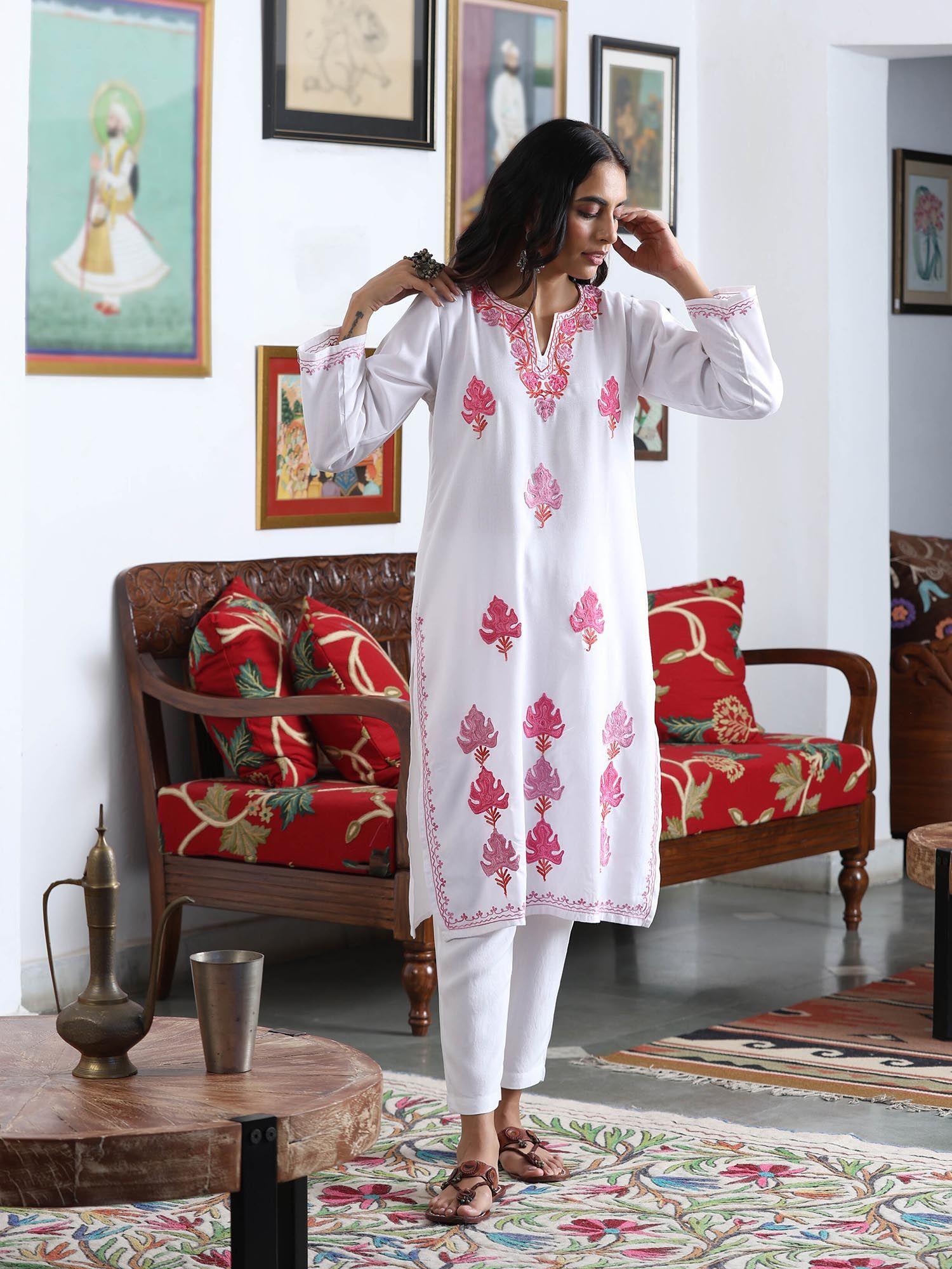 white crafts aari embroidered long kurta