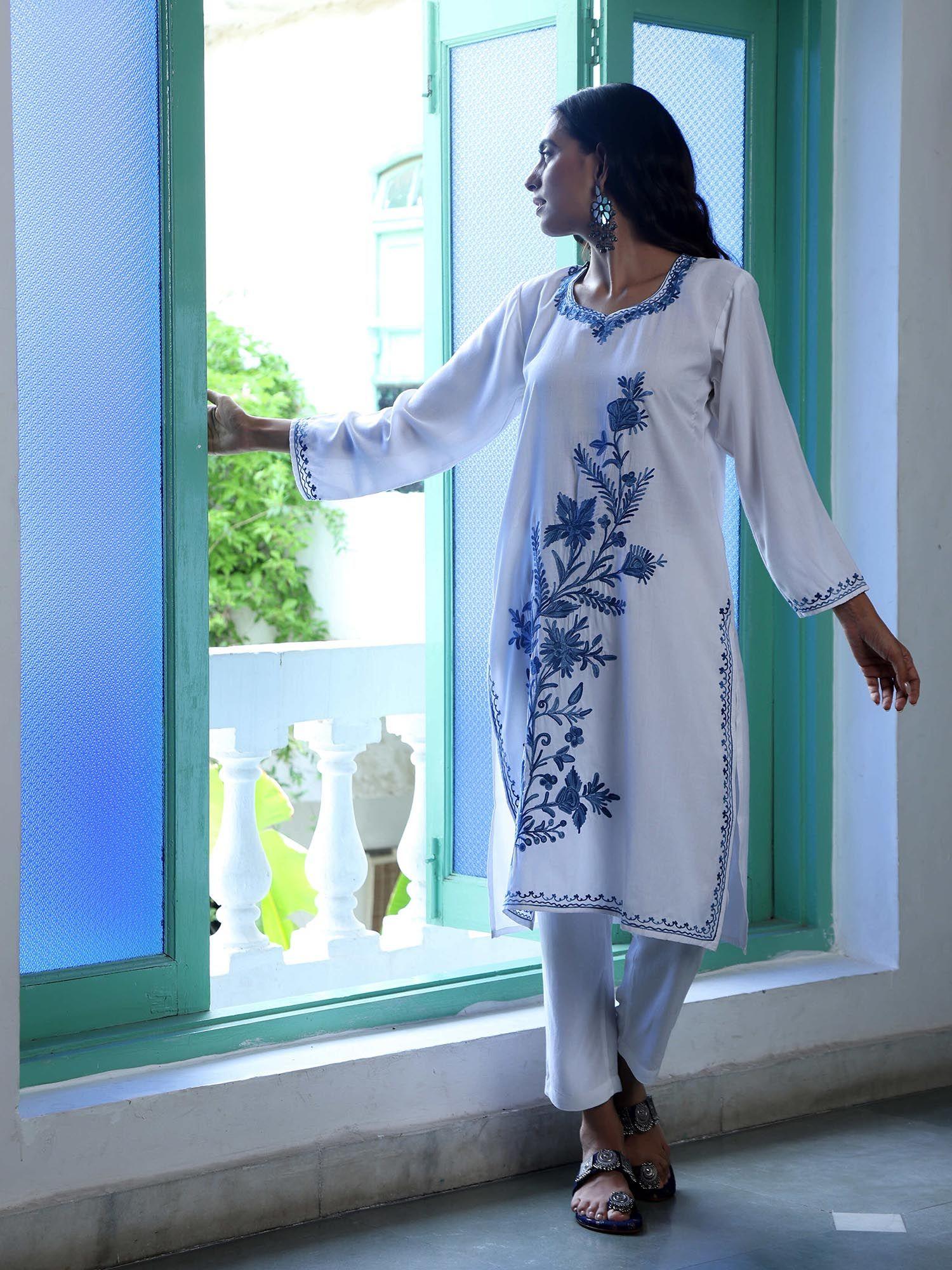 white crafts aari embroidered long kurta