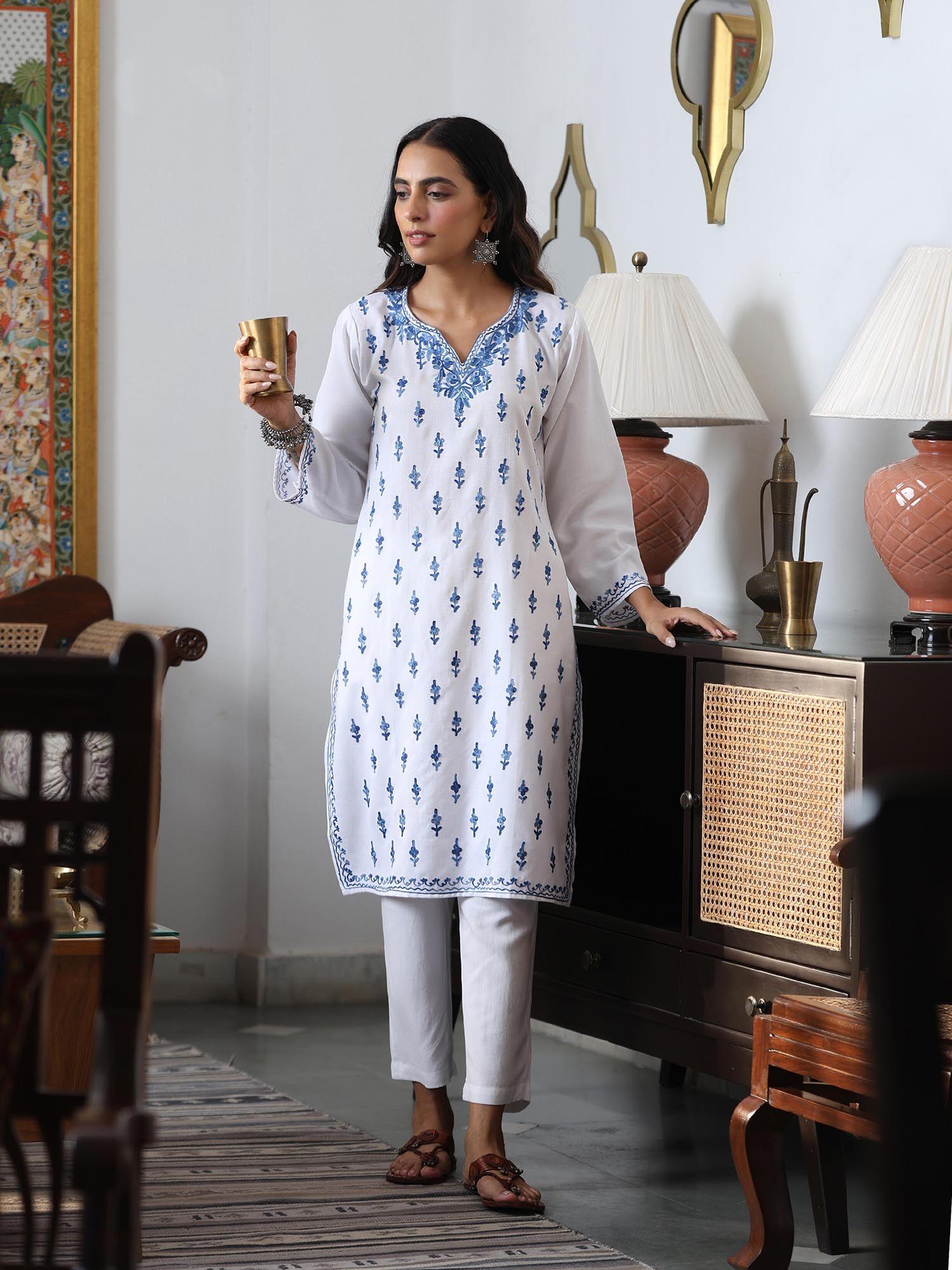 white crafts aari embroidered long kurta