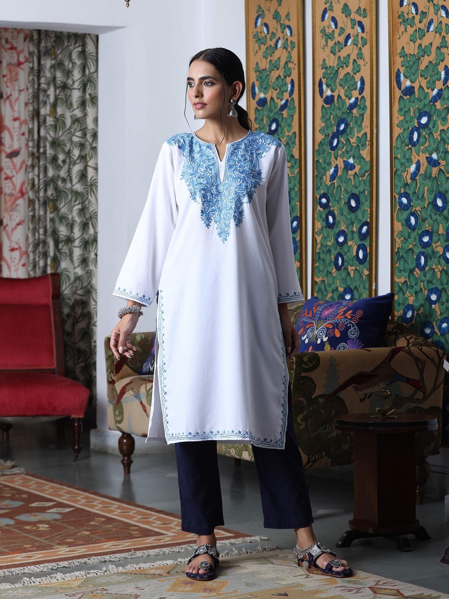 white crafts aari embroidered long kurta