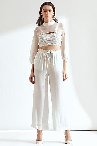 white crepe pant set with half cape