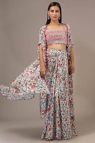 white crepe printed & thread embroidered cape set