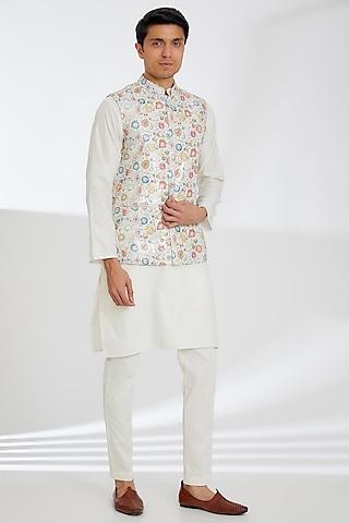 white crepe printed bundi jacket