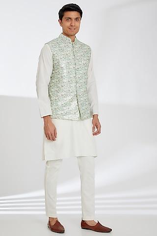 white crepe printed bundi jacket