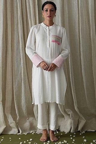 white crinkled cotton embroidered kurta set