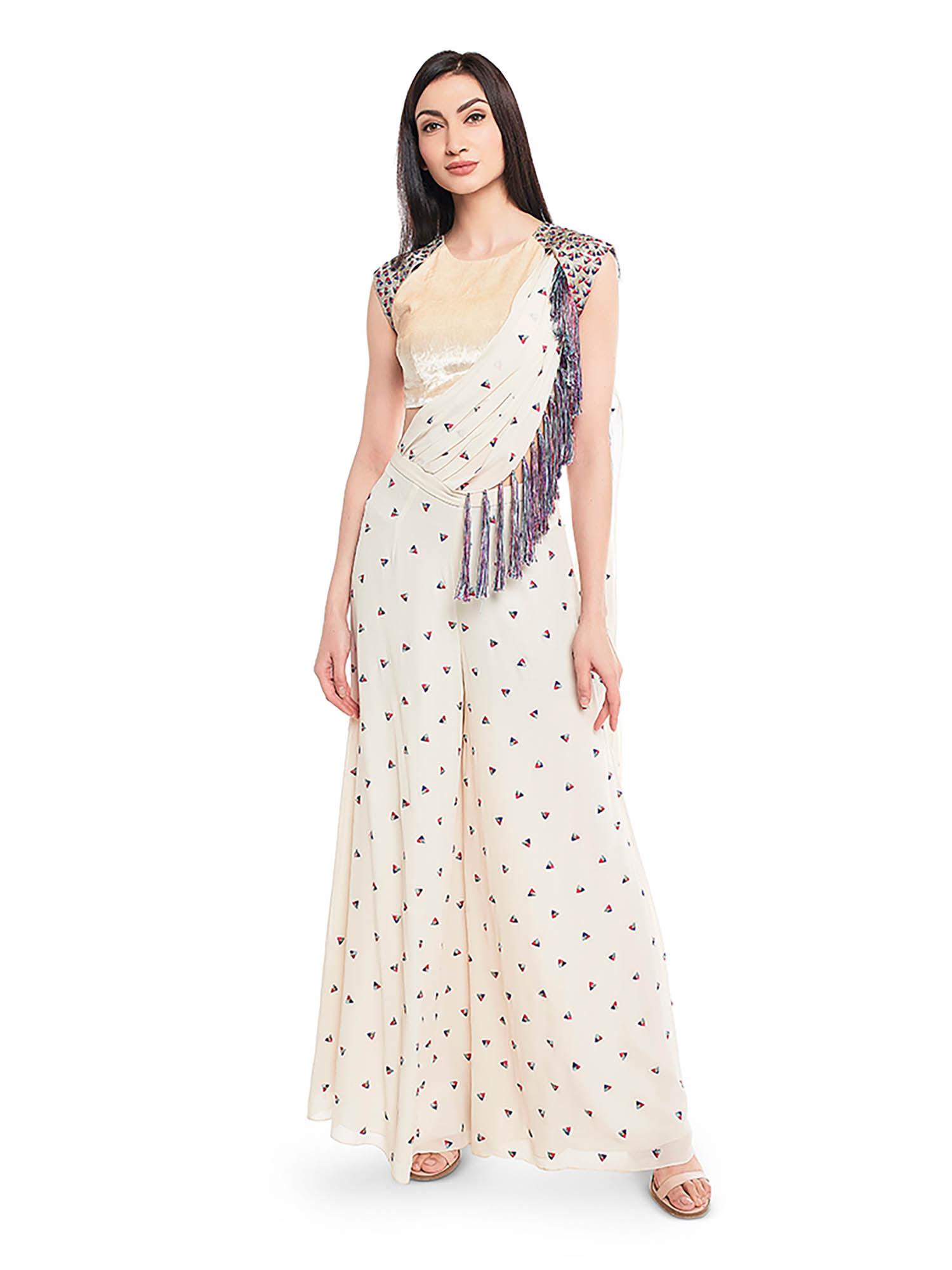 white crop top and palazzo with attached drape dupatta (set of 2)