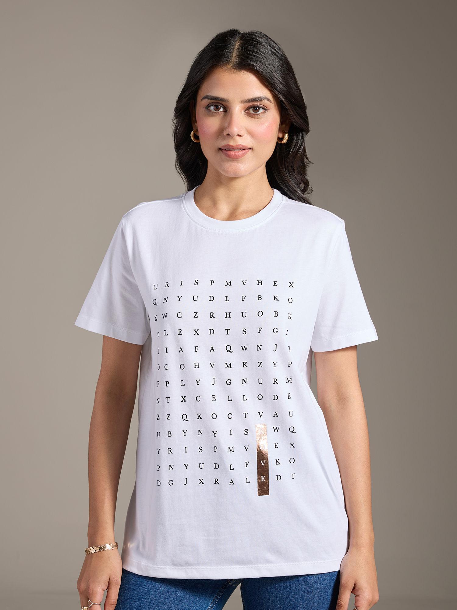 white crossword graphic print short sleeves t-shirt