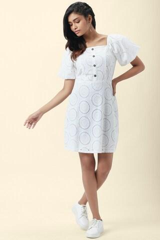 white cut work square neck casual thigh-length half sleeves women regular fit dress