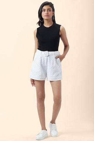 white cut work thigh-length casual women regular fit shorts