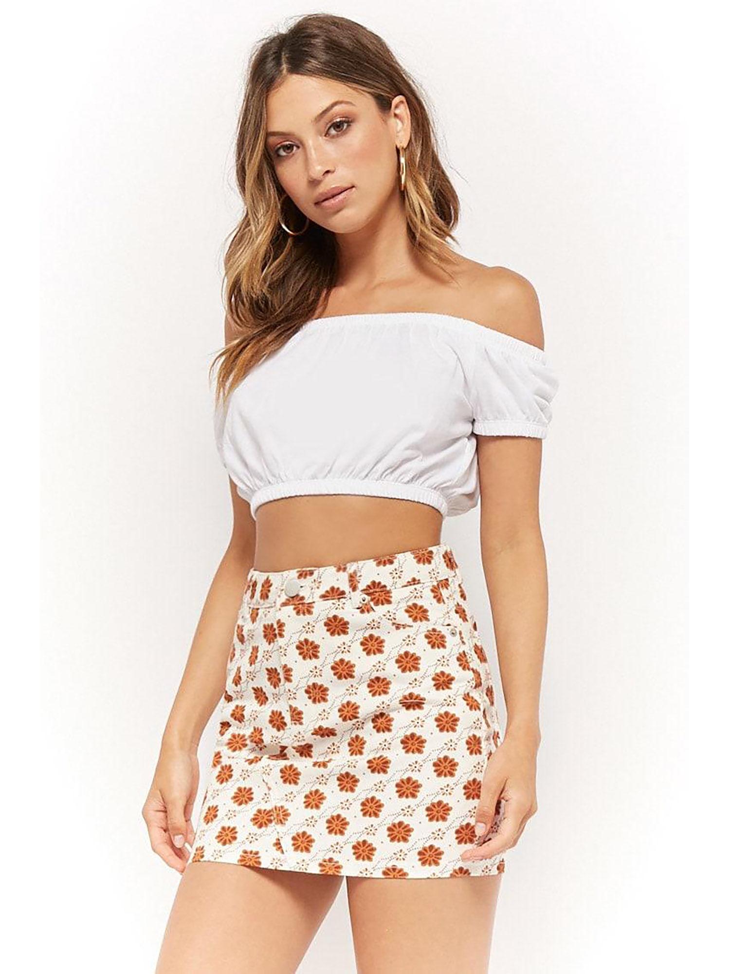 white daisy print denim skirt