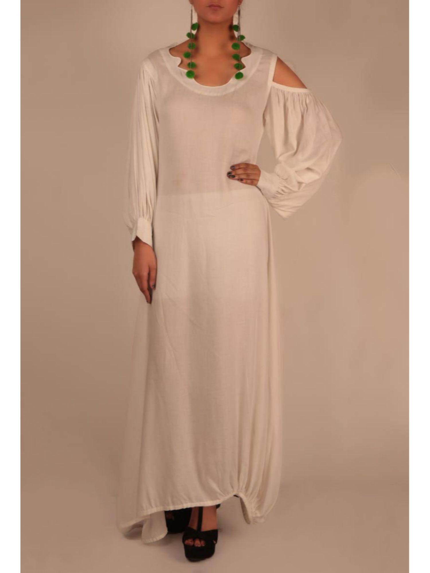 white dancing shoulder maxi dress