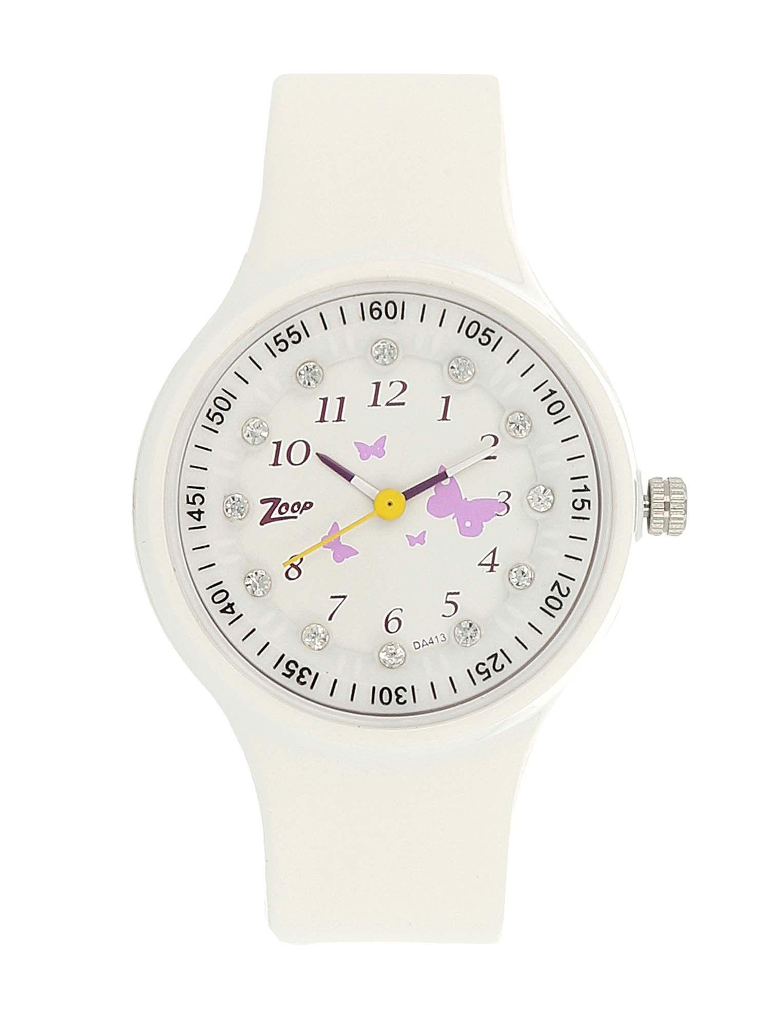white dial watch with plastic case