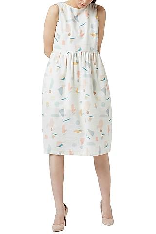 white digital printed gathered dress