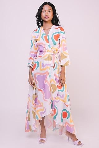 white digital printed wrap dress