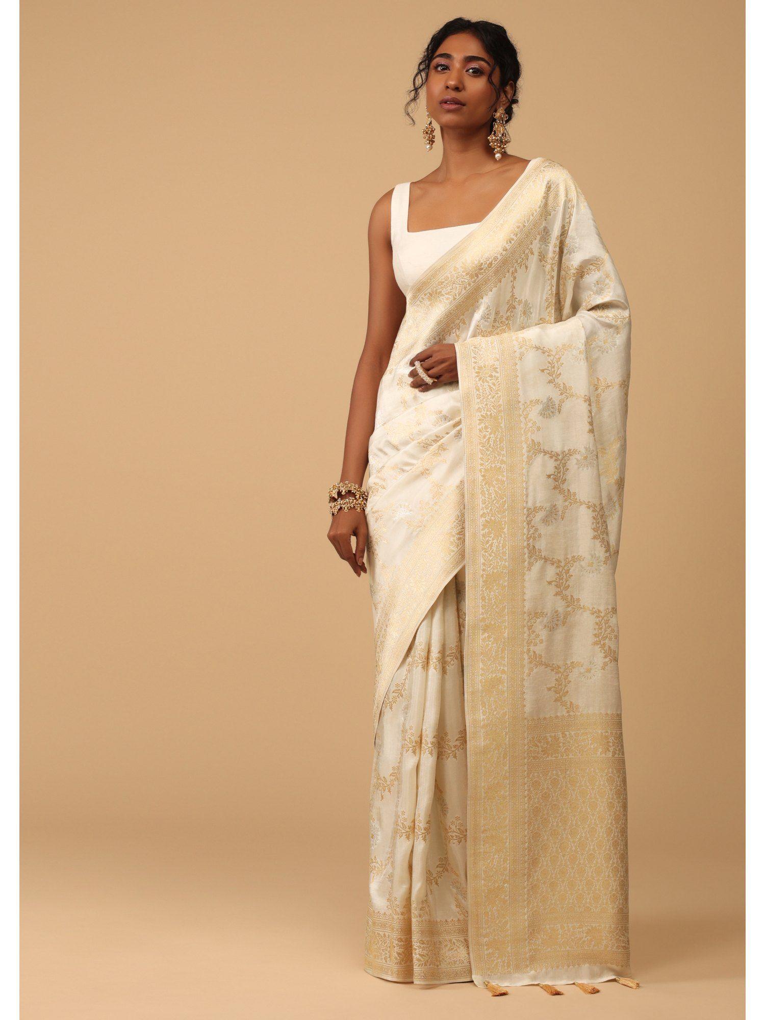 white dola silk saree with jaal embroidery with unstitched blouse