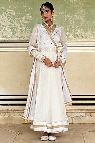 white dotted crepe cutdana & zardosi embroidered angrakha kurta set