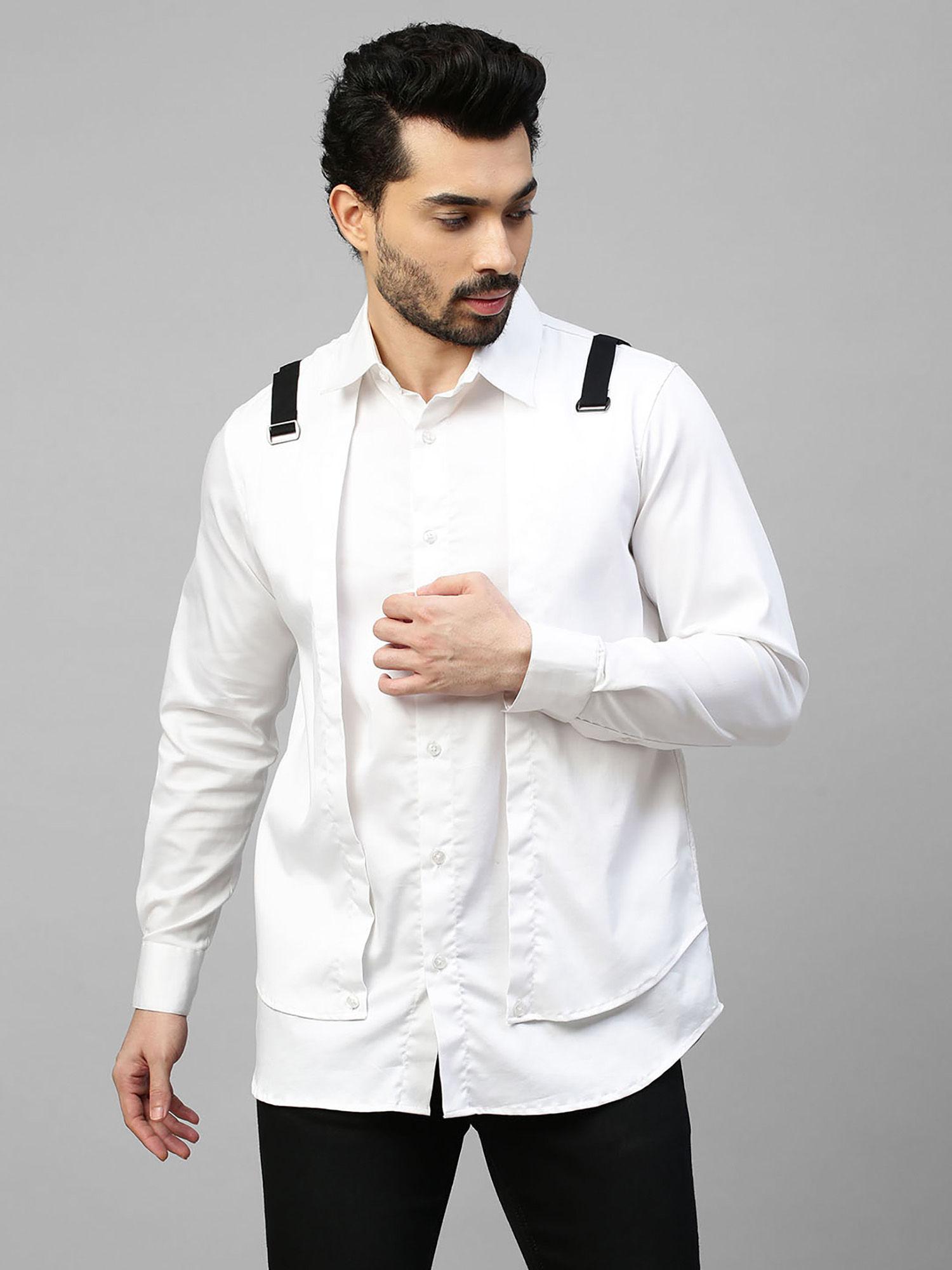 white double layered shirt with black straps buckle feature