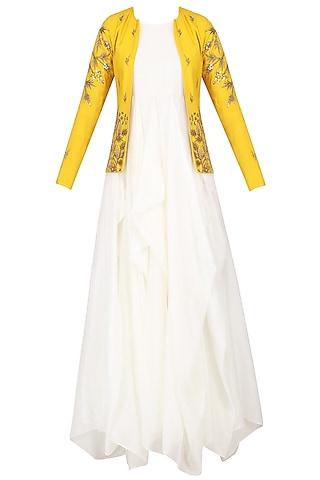 white drape gown with mustard embroidered jacket