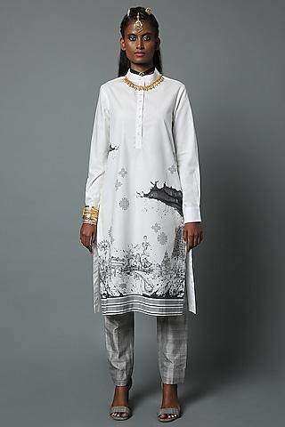 white dravidian-print pleated tunic