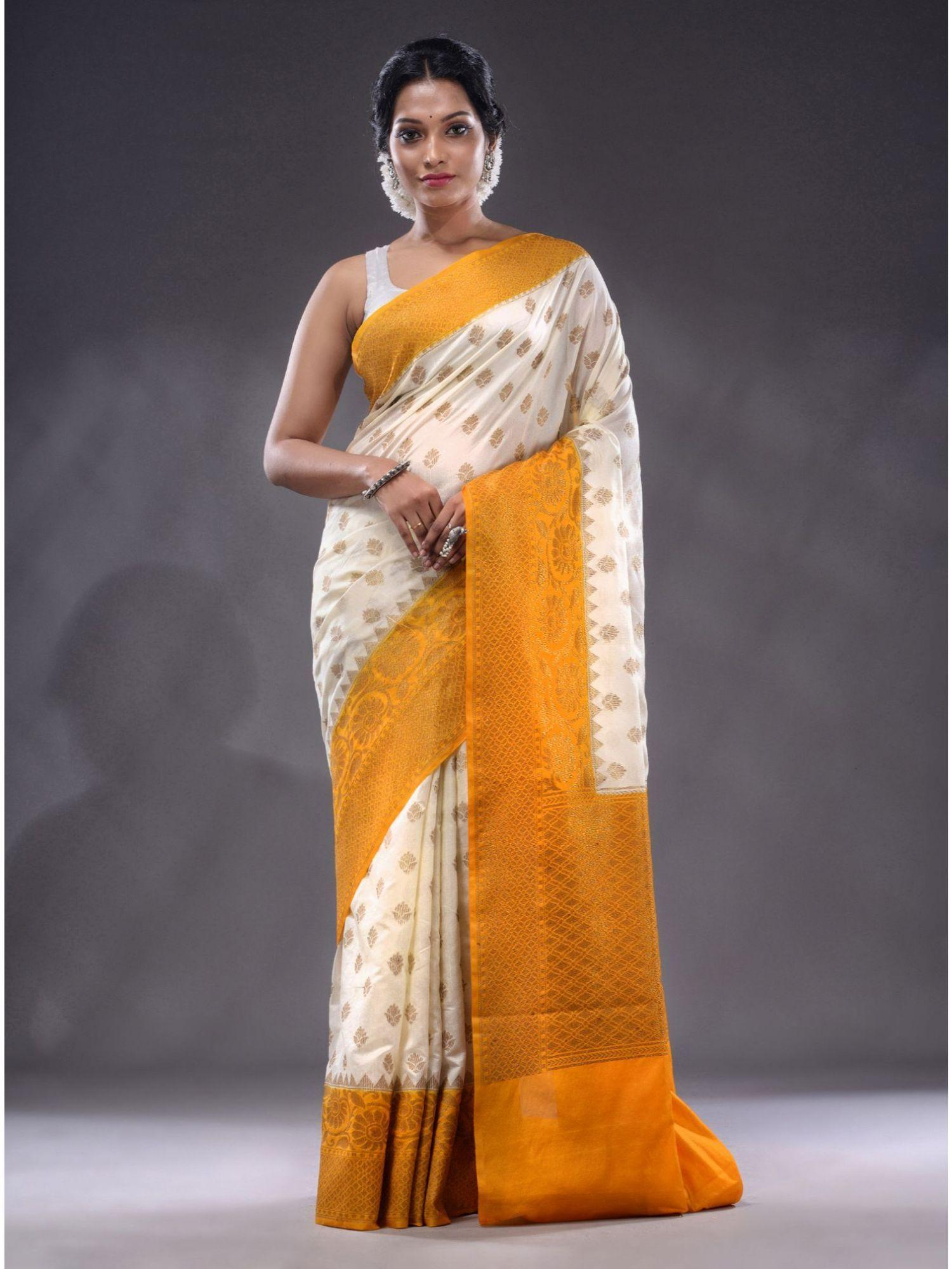 white dupion silk handwoven saree with unstitched blouse