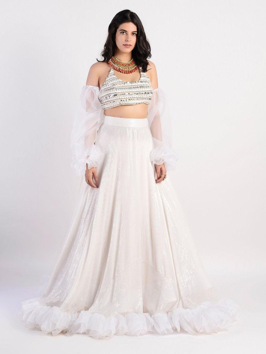 white embellished blouse and lehenga with detachable sleeves (set of 3)