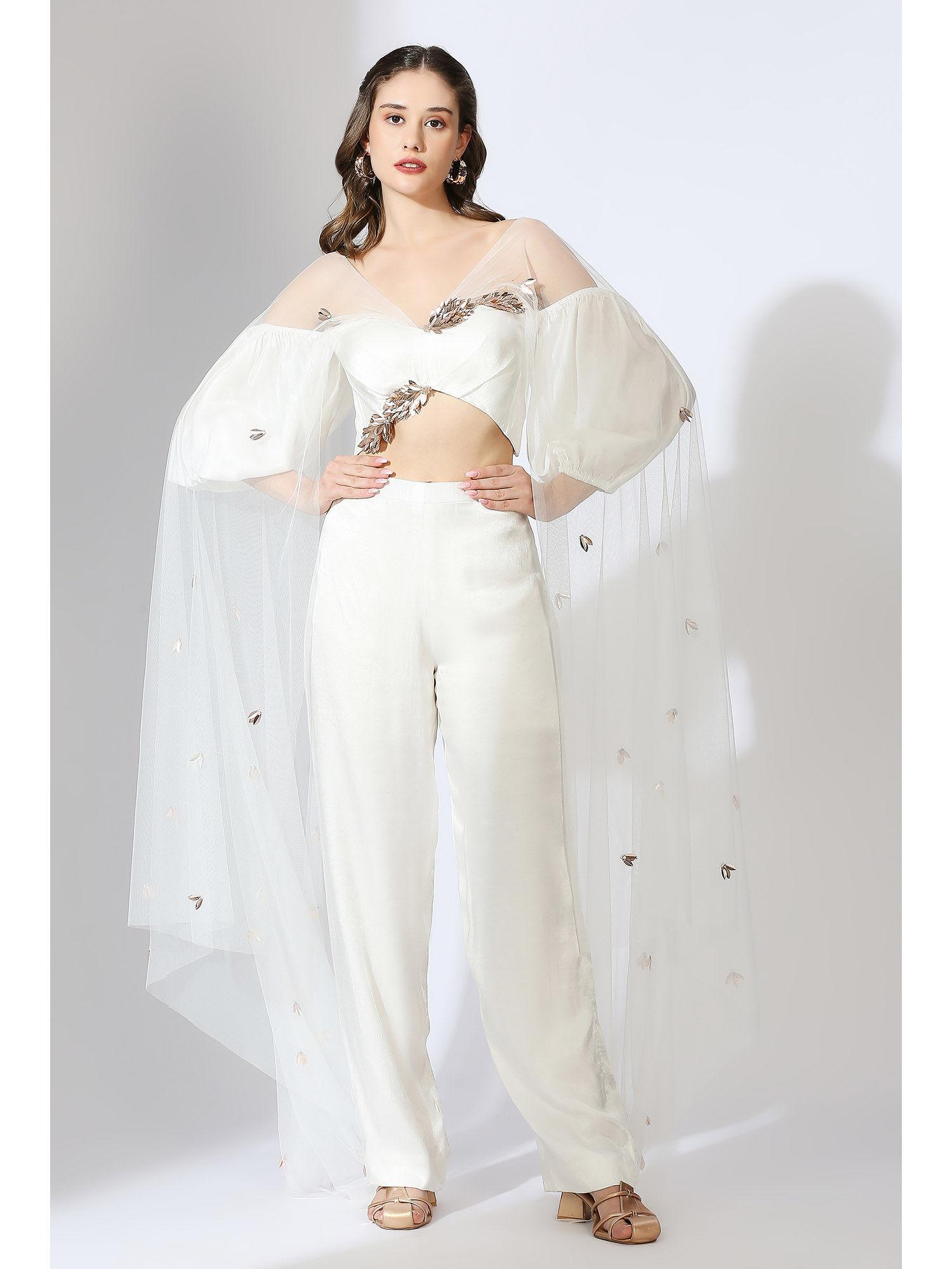 white embellished off shoulder top & pant with drape (set of 3)