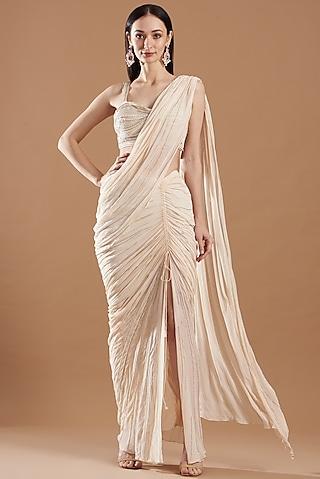 white embellished pre-draped saree set