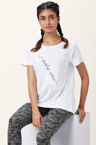 white embroidered active wear short sleeves round neck women regular fit t-shirt