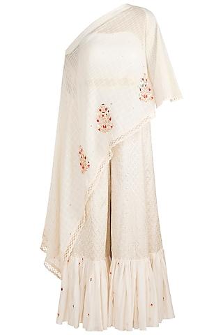 white embroidered cape with crop top & pants