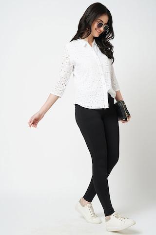 white embroidered casual 3/4th sleeves regular collar women slim fit shirt