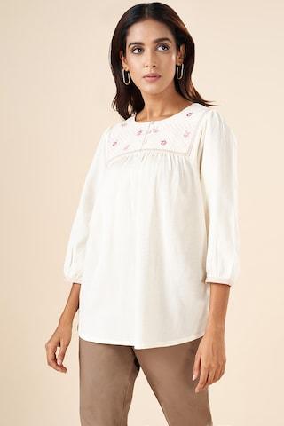 white embroidered casual 3/4th sleeves round neck women regular fit  tunic