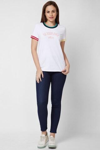white embroidered casual short sleeves round neck women regular fit t-shirt