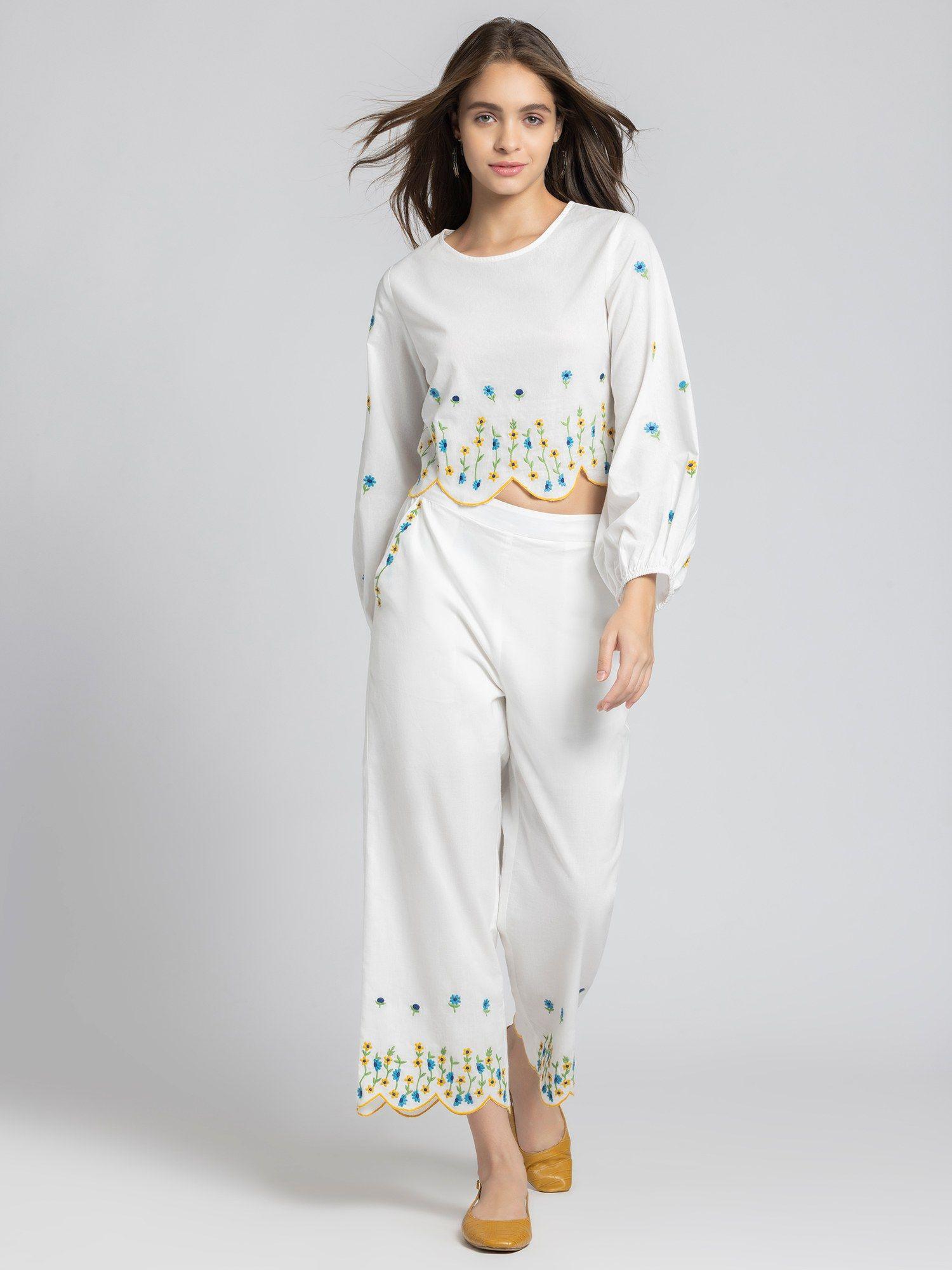 white embroidered casual women co-ord