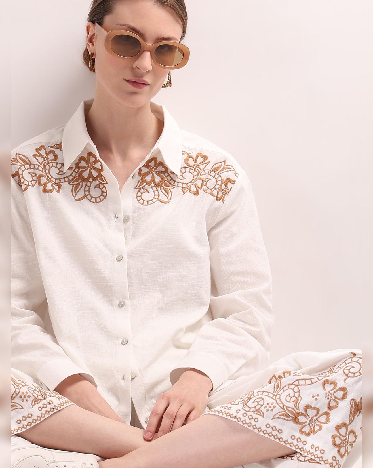 white embroidered co-ord set shirt