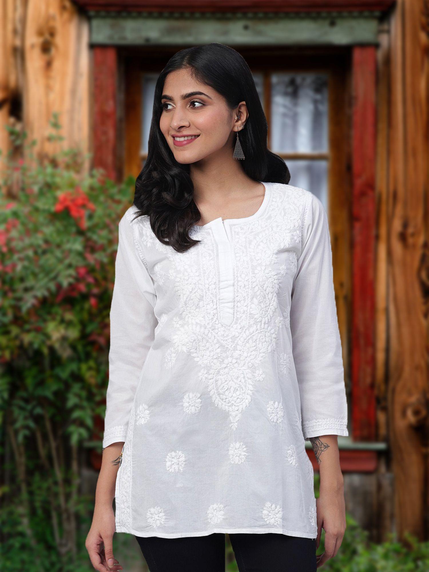 white embroidered cotton lucknow chikan kurti (xxs) (a359765)