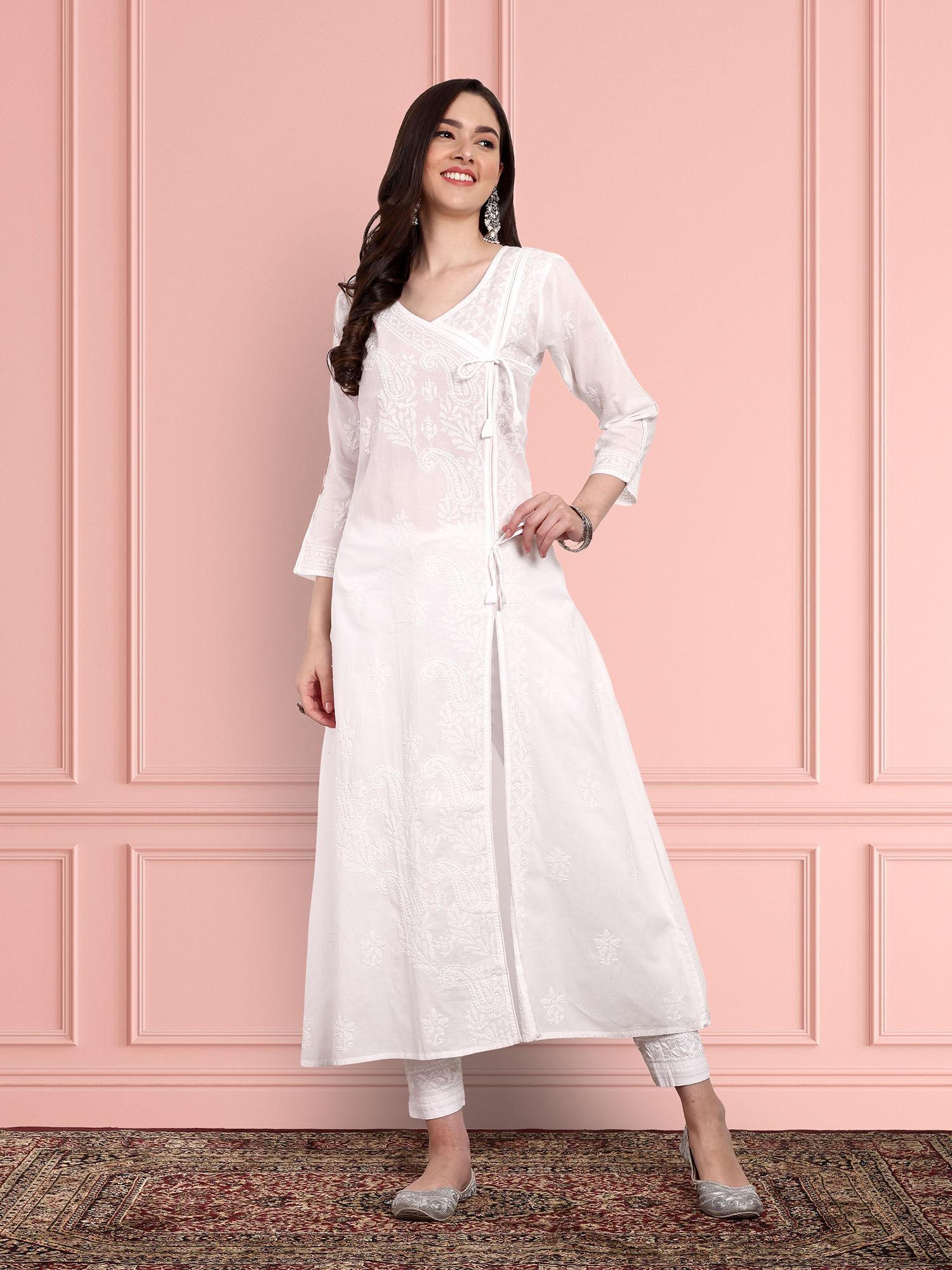 white embroidered cotton lucknowi chikankari kurta [a100146]