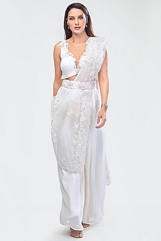 white embroidered crop top with pants, dupatta & belt