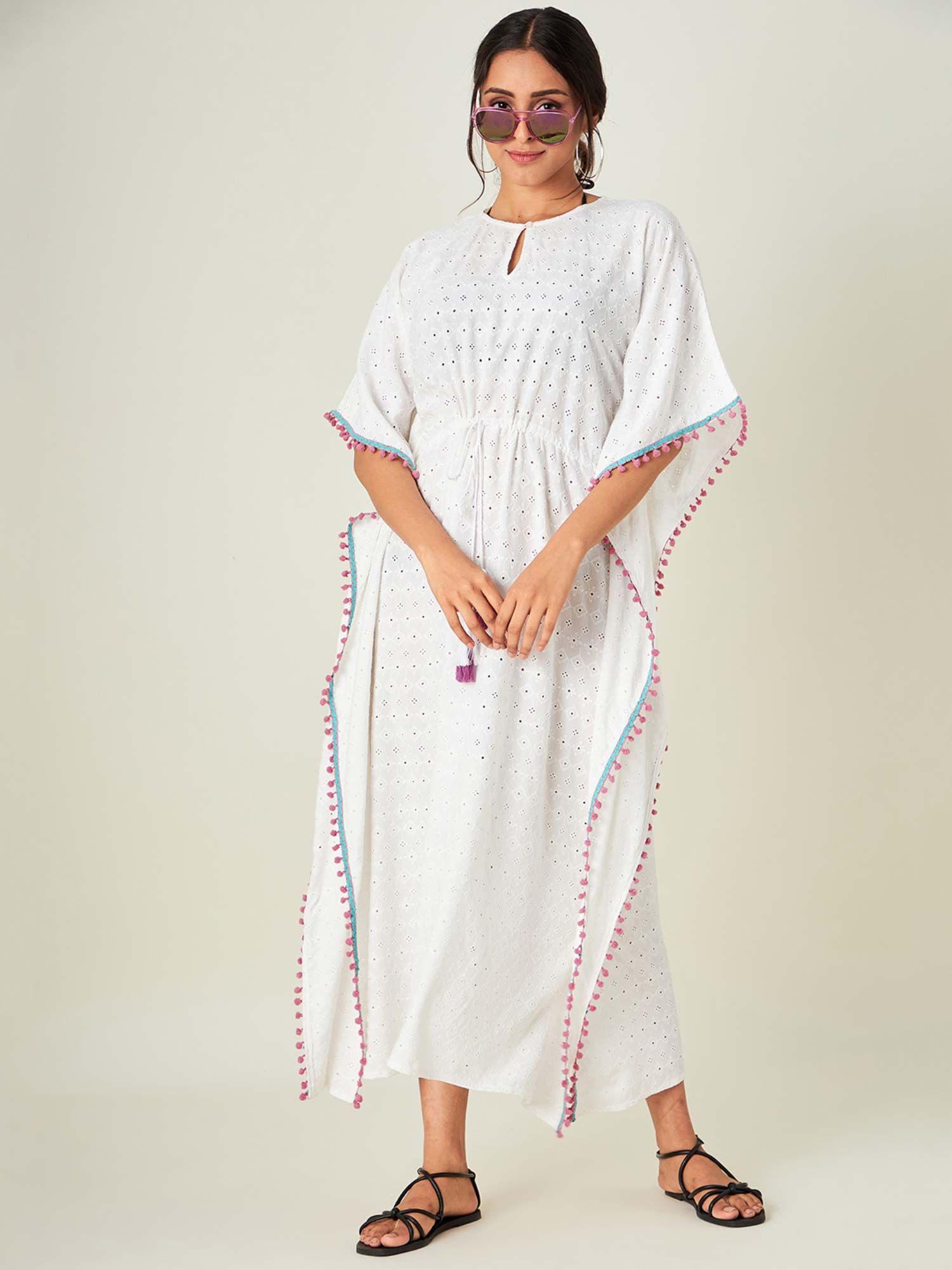 white embroidered diamonds flora resort kaftan