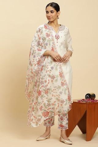 white embroidered ethnic 3/4th sleeves round neck women regular fit pant kurta dupatta set