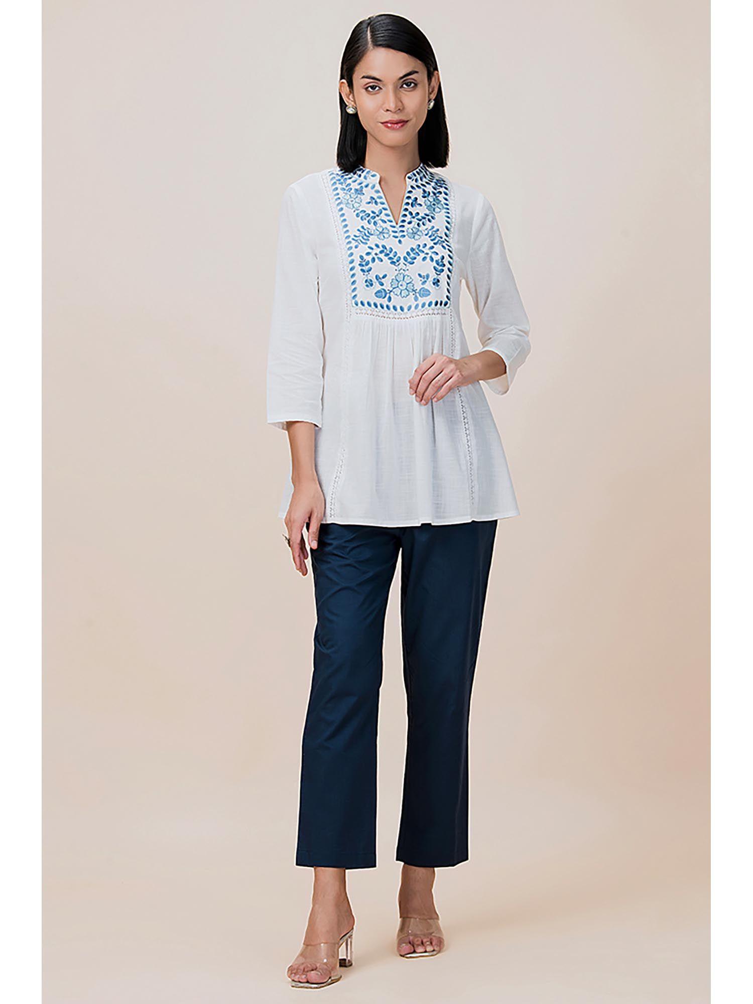 white embroidered frost mandarin collared tunic