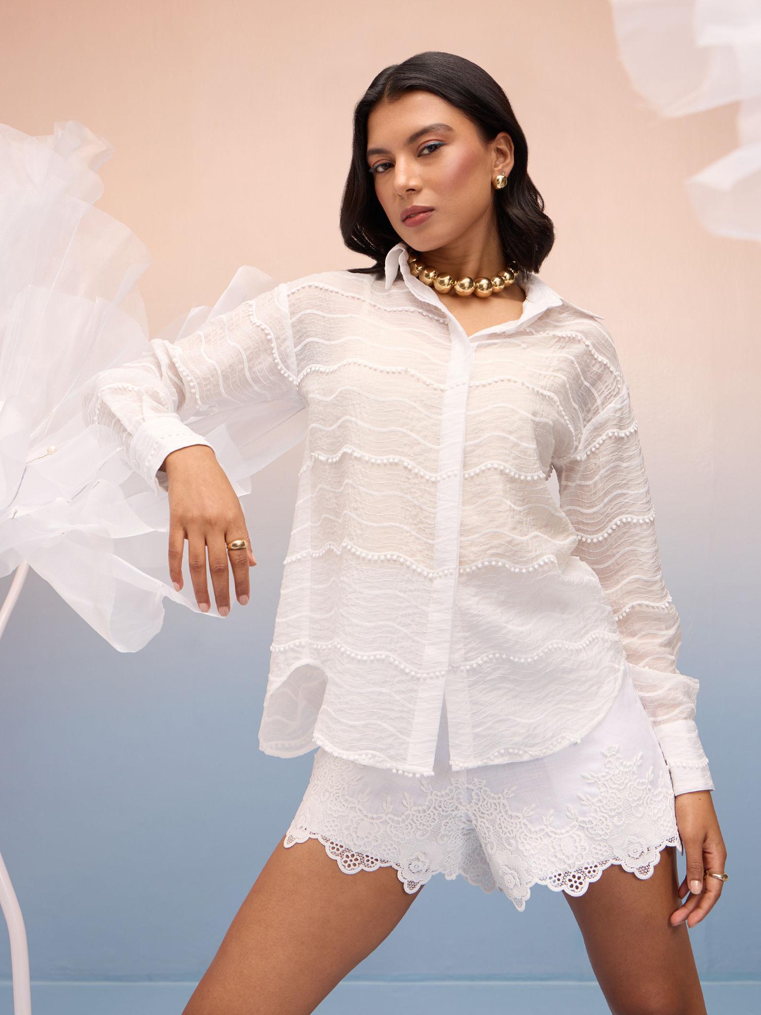 white embroidered full sleeves oversized shirt