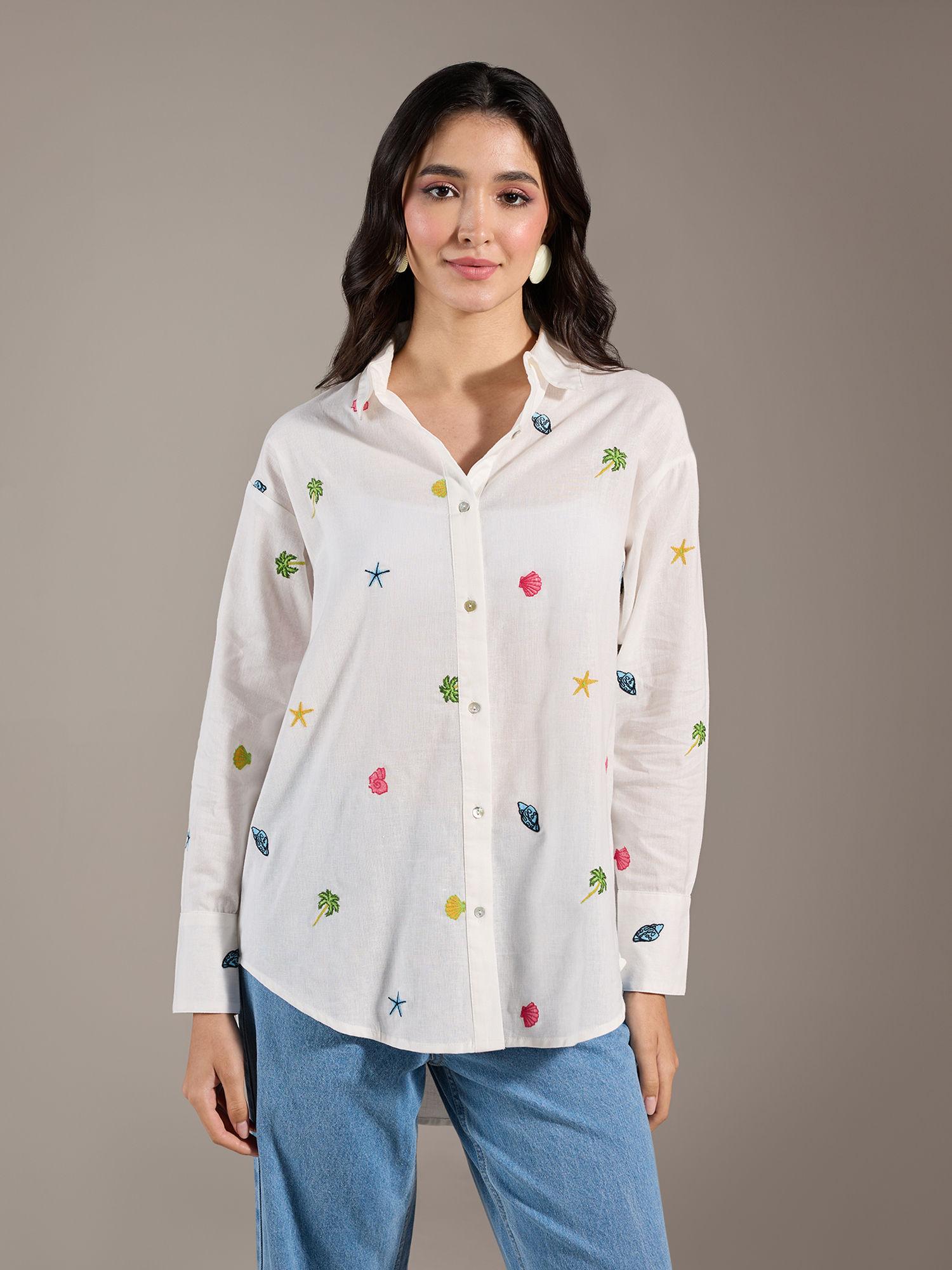white embroidered full sleeves shirt