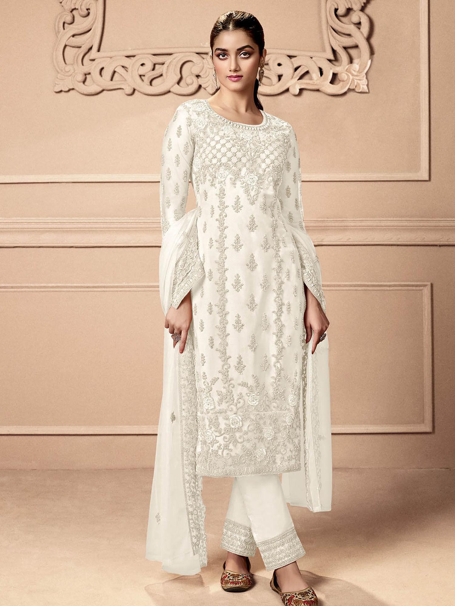 white embroidered georgette semi stitched suit (set of 3)