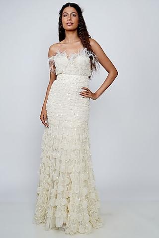 white embroidered gown with belt