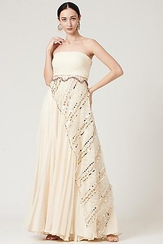 white embroidered gown with cowl drape