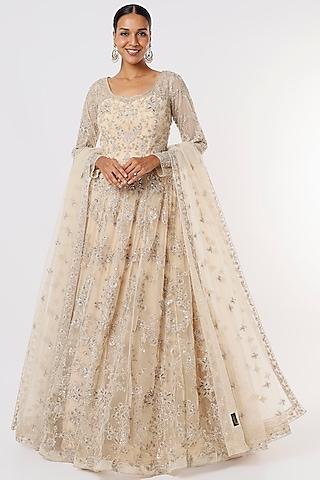 white embroidered gown with dupatta