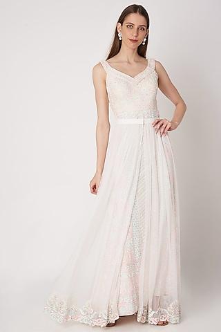 white embroidered gown with overlay skirt